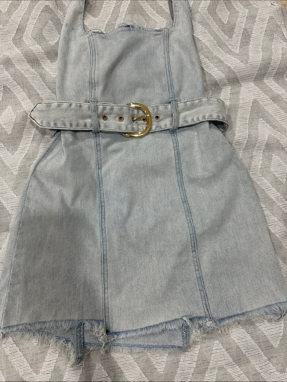 Show Me Your MuMu Light Blue Denim Halter Mini Dress with Gold Buckle - Picture 3 of 9